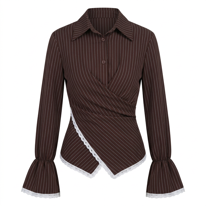 Women’s Striped Wrap Waist Lace Trim Long Sleeve Shirt-Vyana Collective