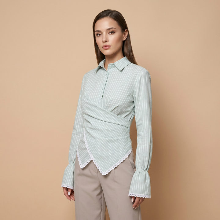 Women’s Striped Wrap Waist Lace Trim Long Sleeve Shirt-Vyana Collective