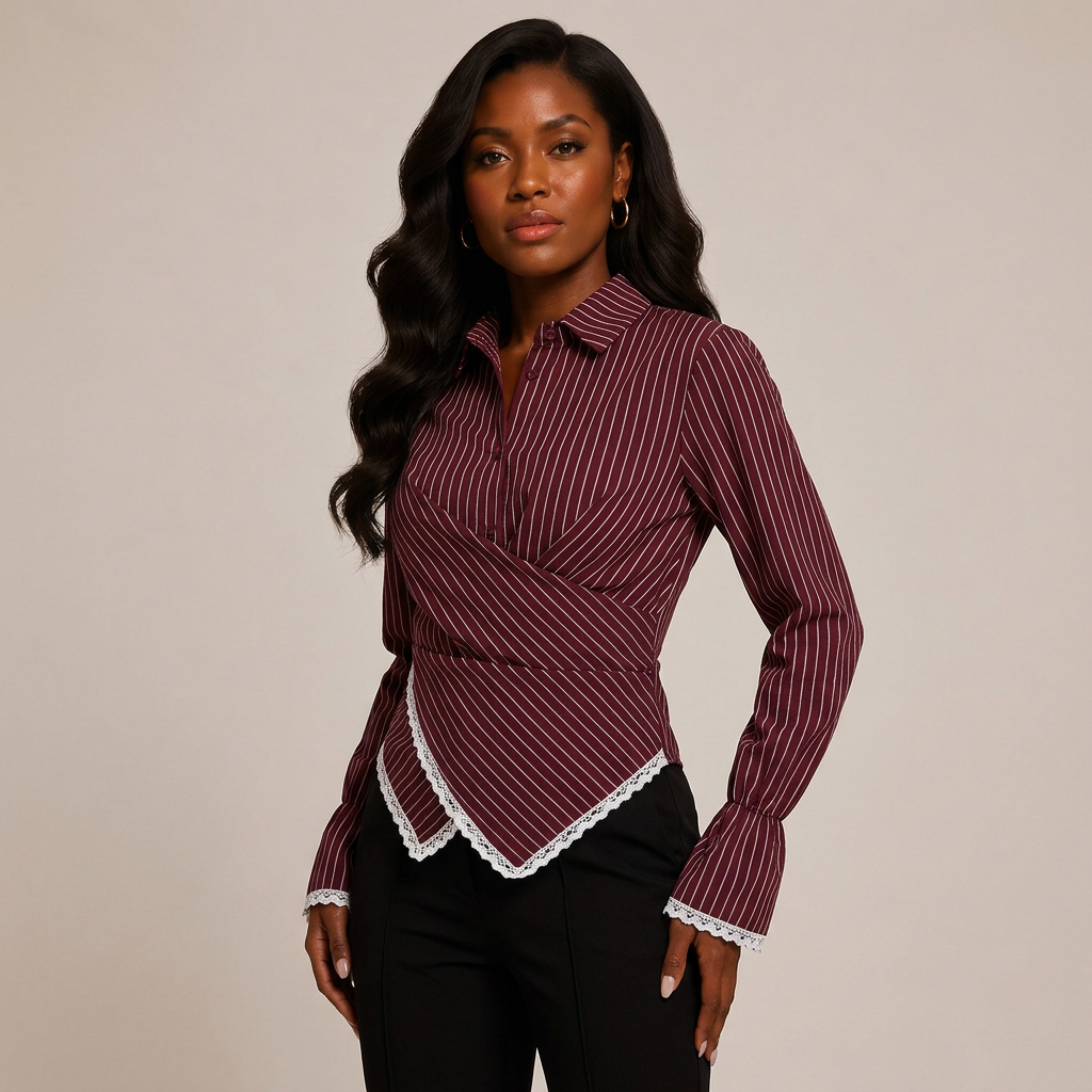 Women’s Striped Wrap Waist Lace Trim Long Sleeve Shirt-Vyana Collective
