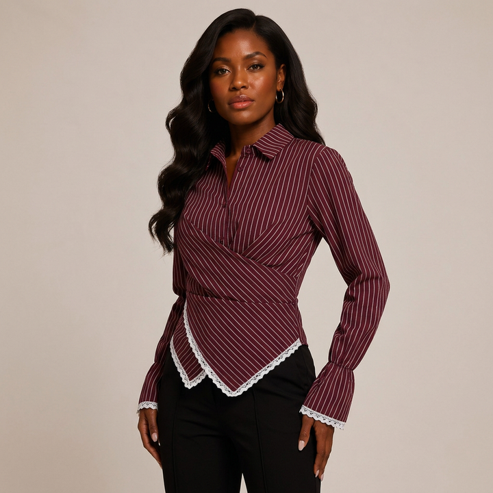 Women’s Striped Wrap Waist Lace Trim Long Sleeve Shirt-Vyana Collective