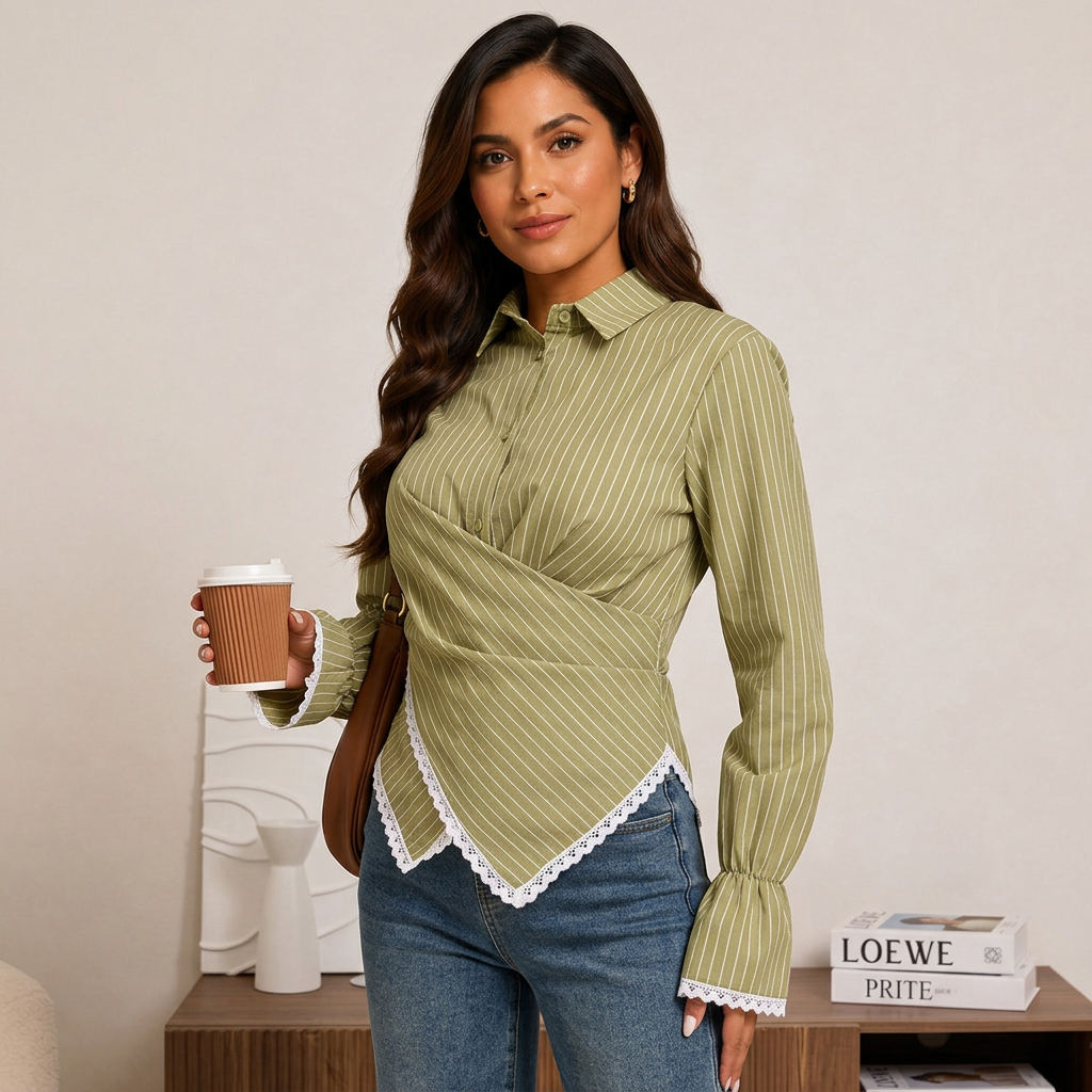 Women’s Striped Wrap Waist Lace Trim Long Sleeve Shirt-Vyana Collective