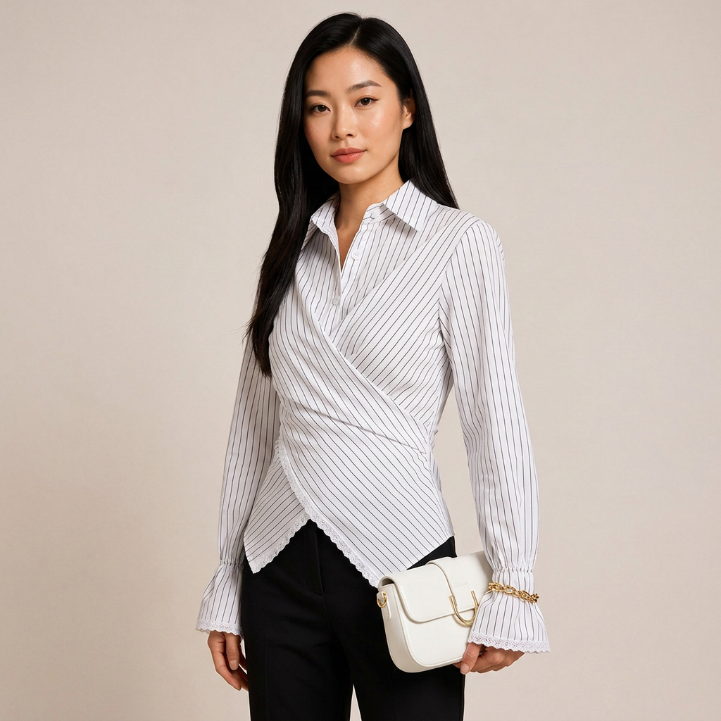 Women’s Striped Wrap Waist Lace Trim Long Sleeve Shirt-Vyana Collective