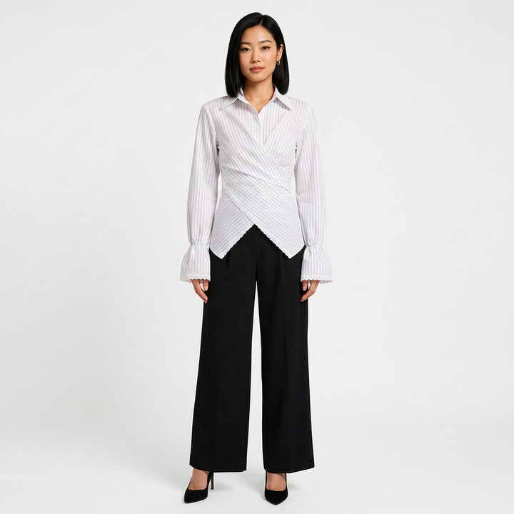 Women’s Striped Wrap Waist Lace Trim Long Sleeve Shirt-Vyana Collective