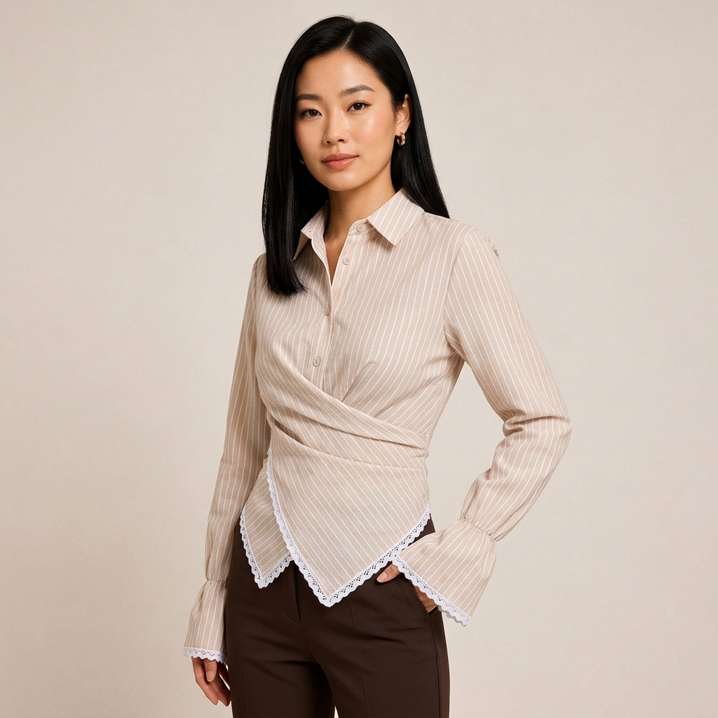 Women’s Striped Wrap Waist Lace Trim Long Sleeve Shirt-Vyana Collective