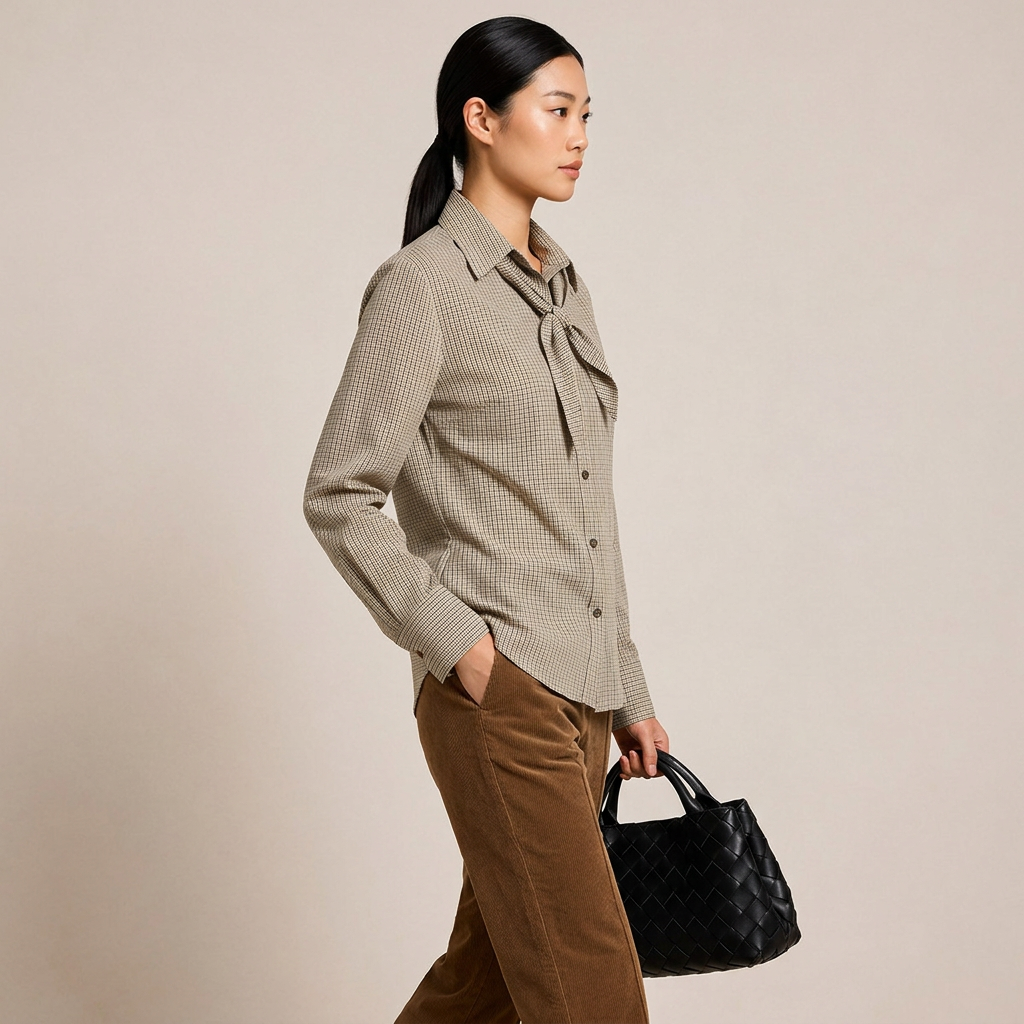 Women’s Tie-Neck Checked Cotton Button-Down Shirt-Vyana Collective