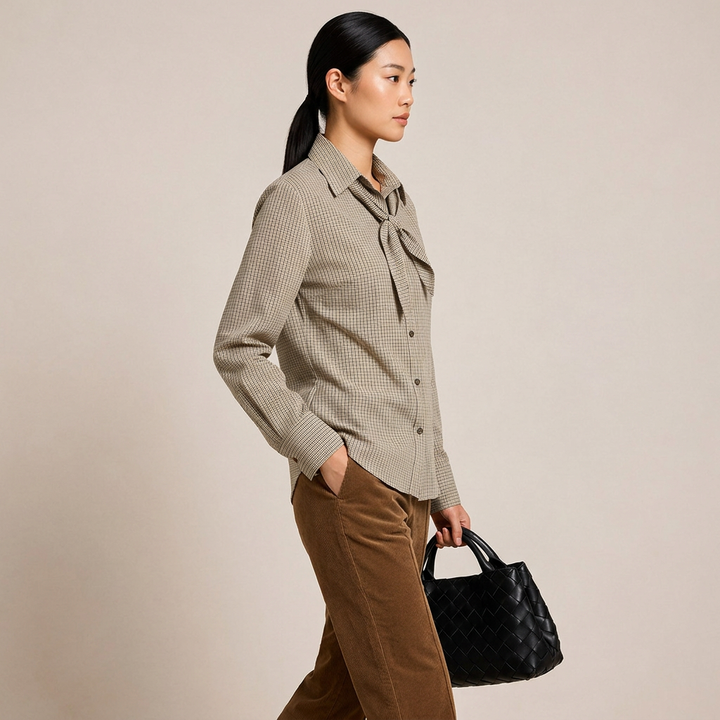 Women’s Tie-Neck Checked Cotton Button-Down Shirt-Vyana Collective