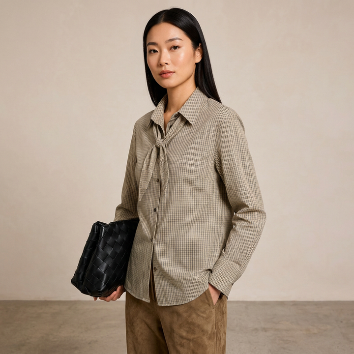 Women’s Tie-Neck Checked Cotton Button-Down Shirt-Vyana Collective