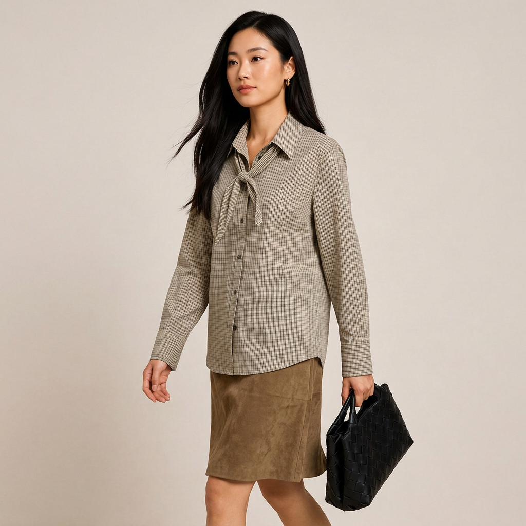Women’s Tie-Neck Checked Cotton Button-Down Shirt-Vyana Collective