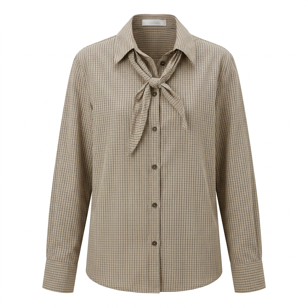 Women’s Tie-Neck Checked Cotton Button-Down Shirt-Vyana Collective
