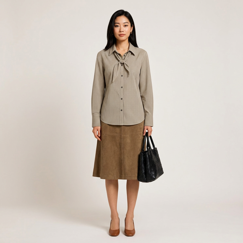 Women’s Tie-Neck Checked Cotton Button-Down Shirt-Vyana Collective