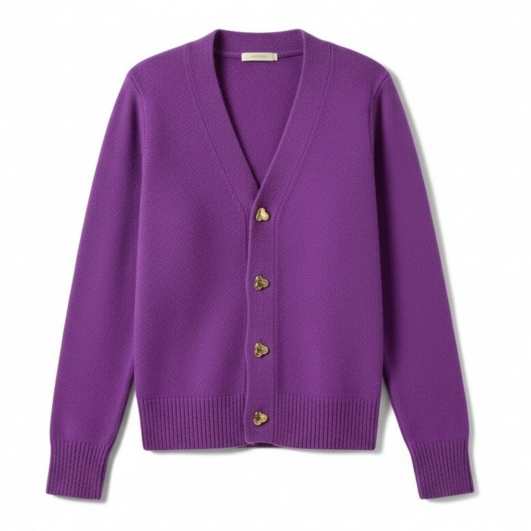 Women’s V-Neck Wool-Blend Cardigan with Heart Buttons-Vyana Collective