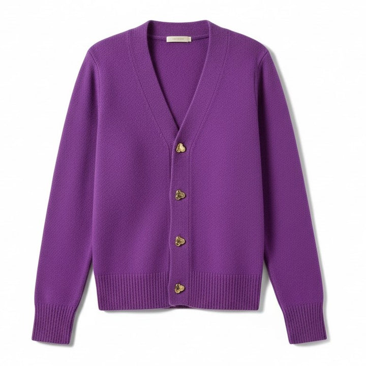 Women’s V-Neck Wool-Blend Cardigan with Heart Buttons-Vyana Collective