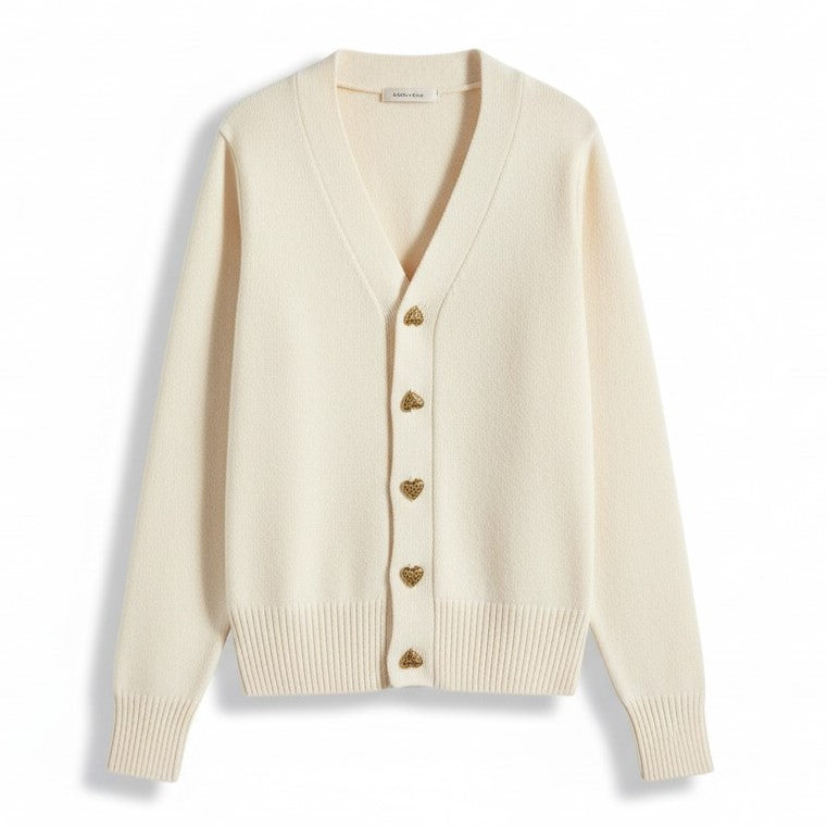 Women’s V-Neck Wool-Blend Cardigan with Heart Buttons-Vyana Collective