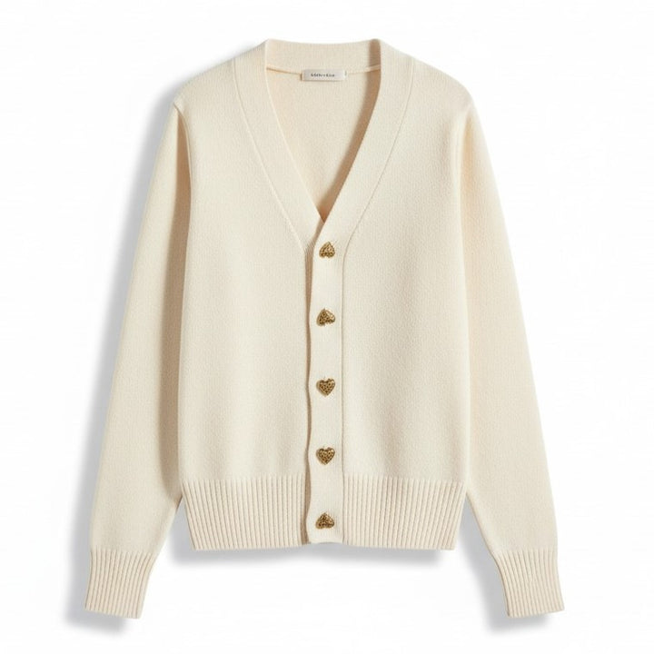 Women’s V-Neck Wool-Blend Cardigan with Heart Buttons-Vyana Collective