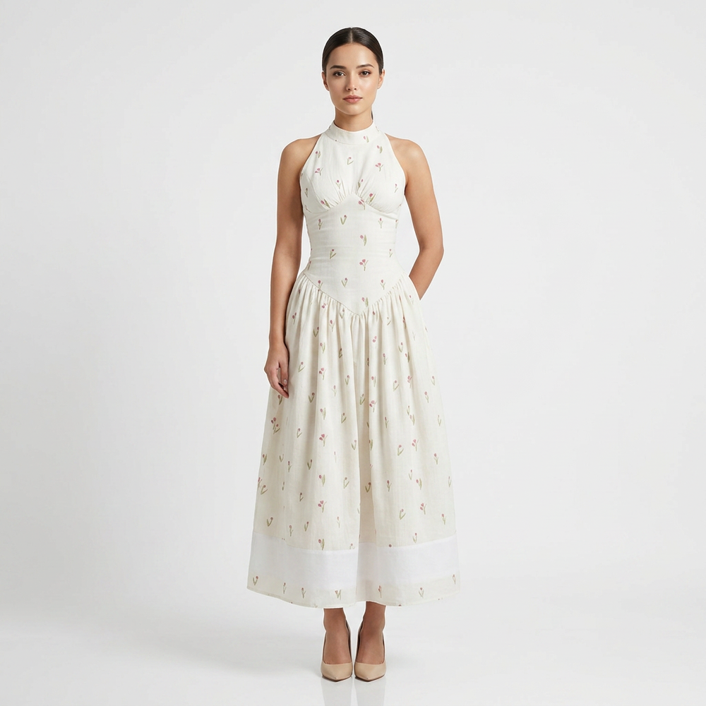 Women's White Floral Halter Neck Waist-Cinched Maxi Dress-Vyana Collective