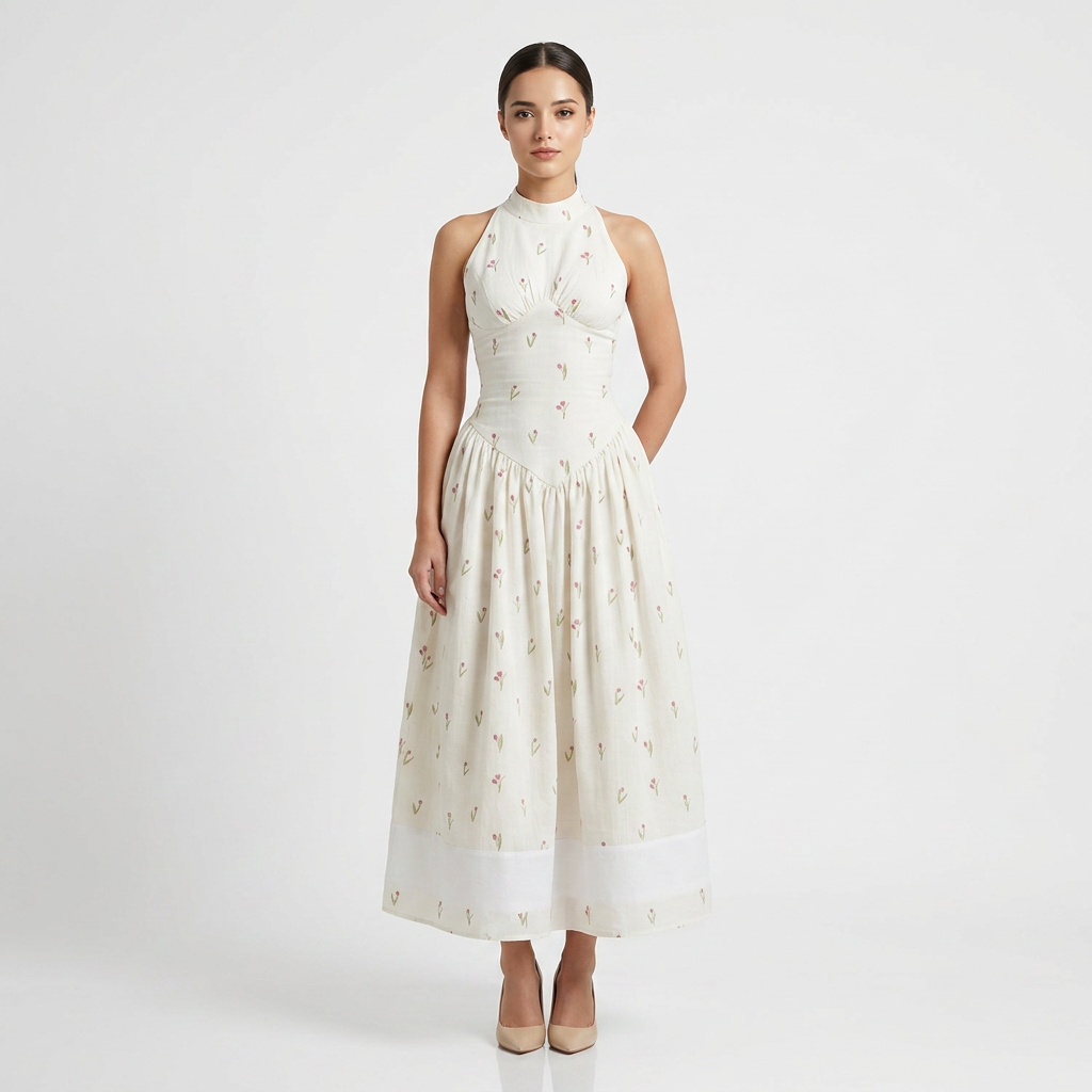 Women's White Floral Halter Neck Waist-Cinched Maxi Dress-Vyana Collective