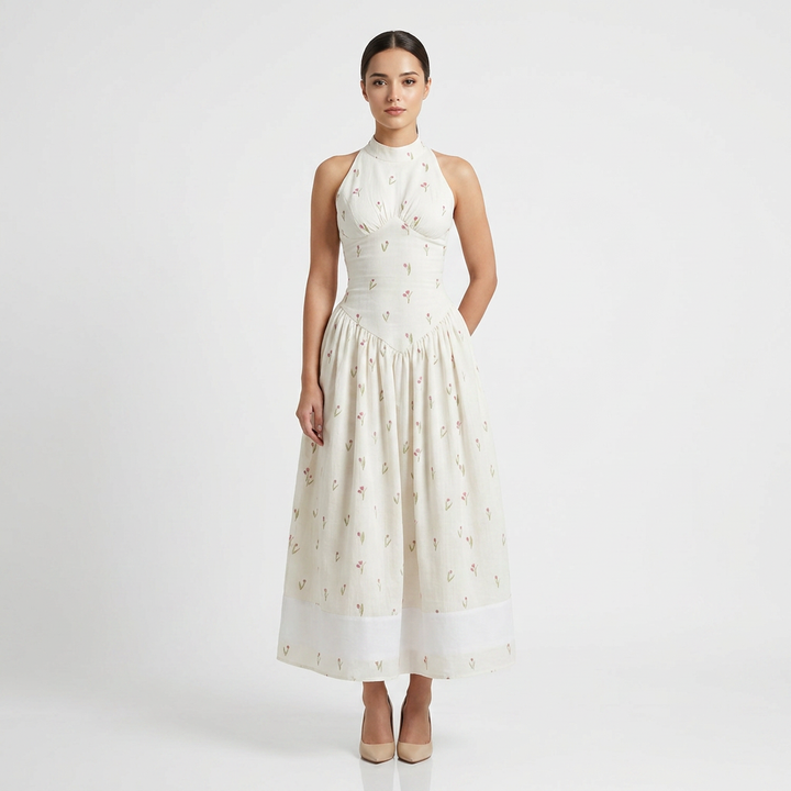 Women's White Floral Halter Neck Waist-Cinched Maxi Dress-Vyana Collective