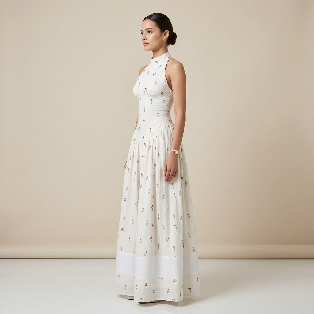 Women's White Floral Halter Neck Waist-Cinched Maxi Dress-Vyana Collective