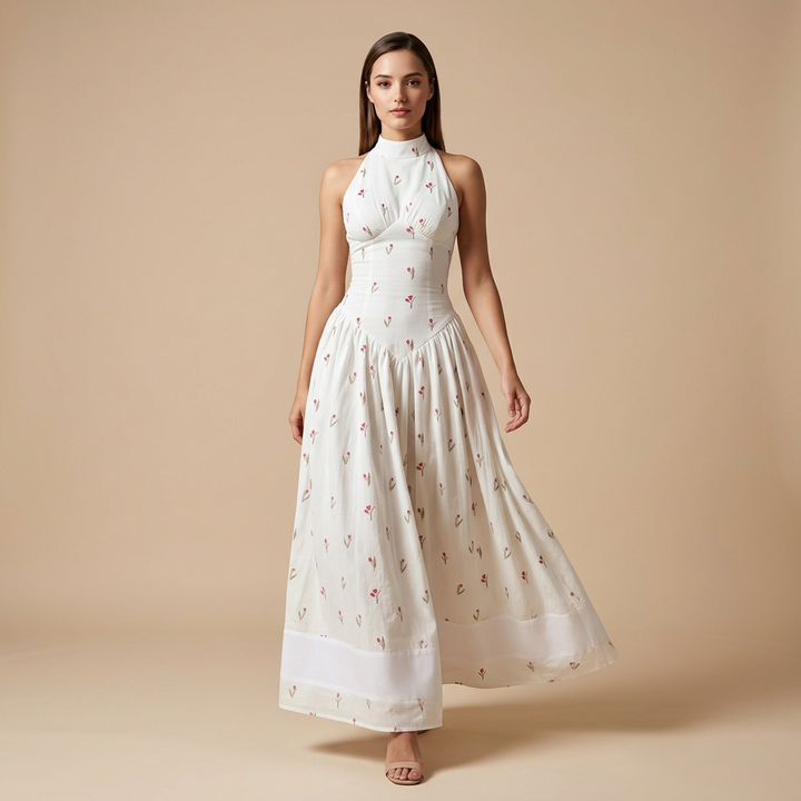 Women's White Floral Halter Neck Waist-Cinched Maxi Dress-Vyana Collective