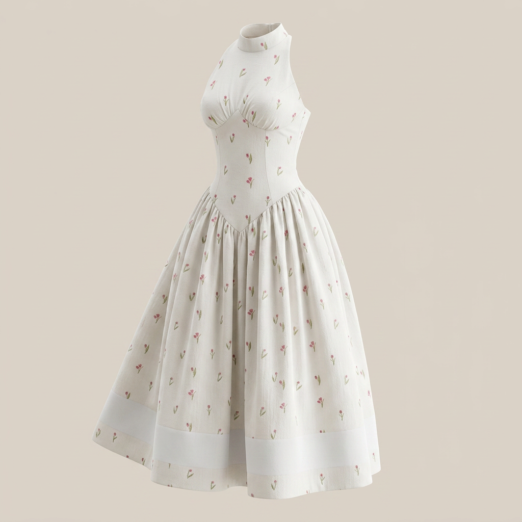 Women's White Floral Halter Neck Waist-Cinched Maxi Dress-Vyana Collective
