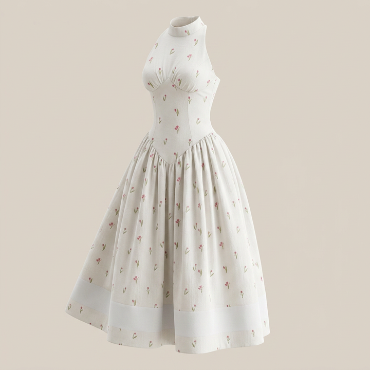 Women's White Floral Halter Neck Waist-Cinched Maxi Dress-Vyana Collective