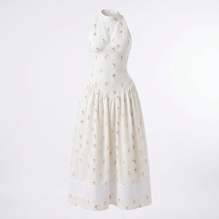 Women's White Floral Halter Neck Waist-Cinched Maxi Dress-Vyana Collective