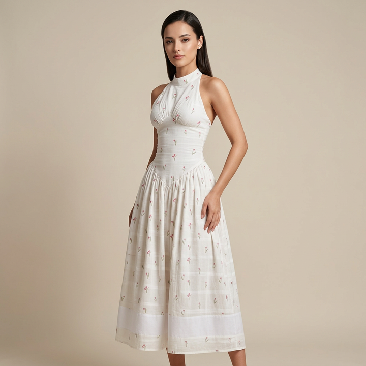 Women's White Floral Halter Neck Waist-Cinched Maxi Dress-Vyana Collective