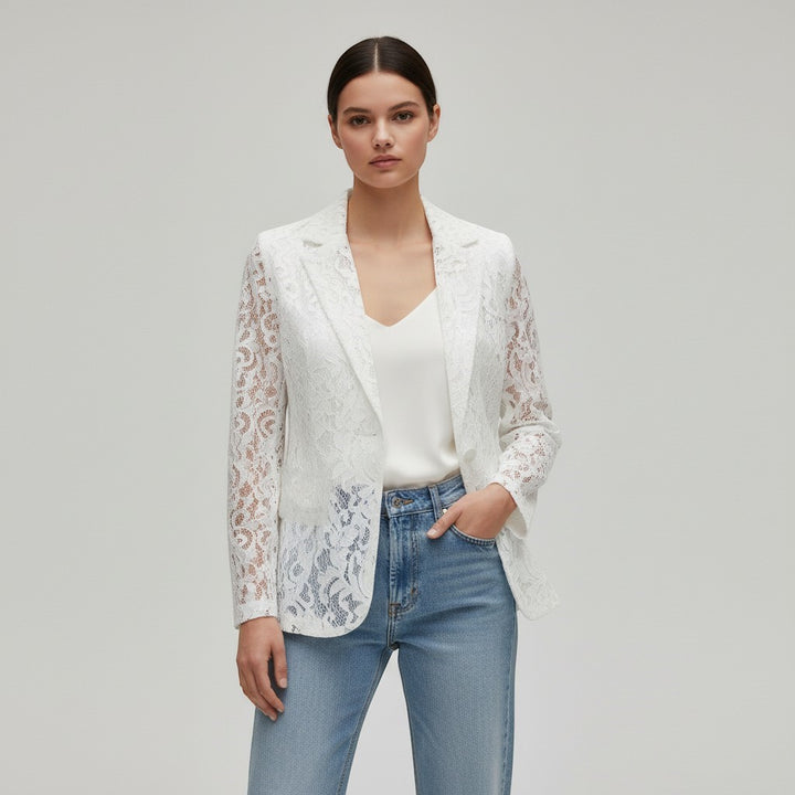 Women's White Floral Lace Blazer Jacket-Vyana Collective