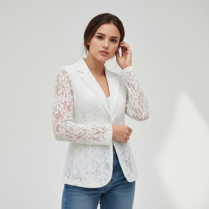 Women's White Floral Lace Blazer Jacket-Vyana Collective