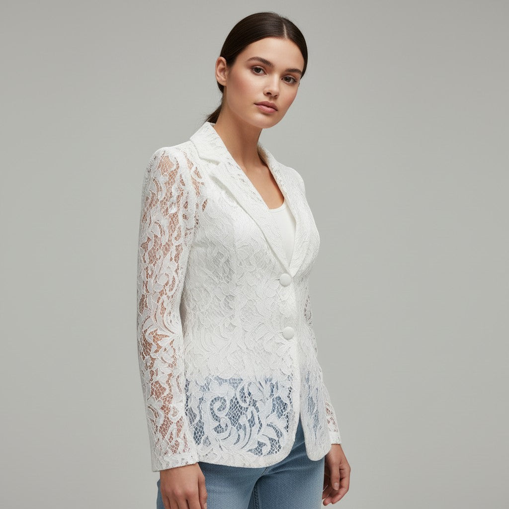 Women's White Floral Lace Blazer Jacket-Vyana Collective