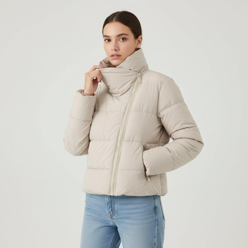 Women’s Windproof Winter Jacket with Stand Collar & Zipper-Vyana Collective
