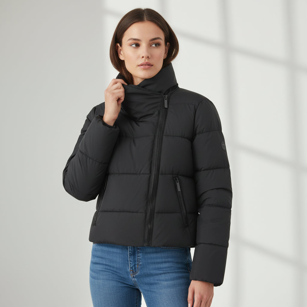 Women’s Windproof Winter Jacket with Stand Collar & Zipper-Vyana Collective