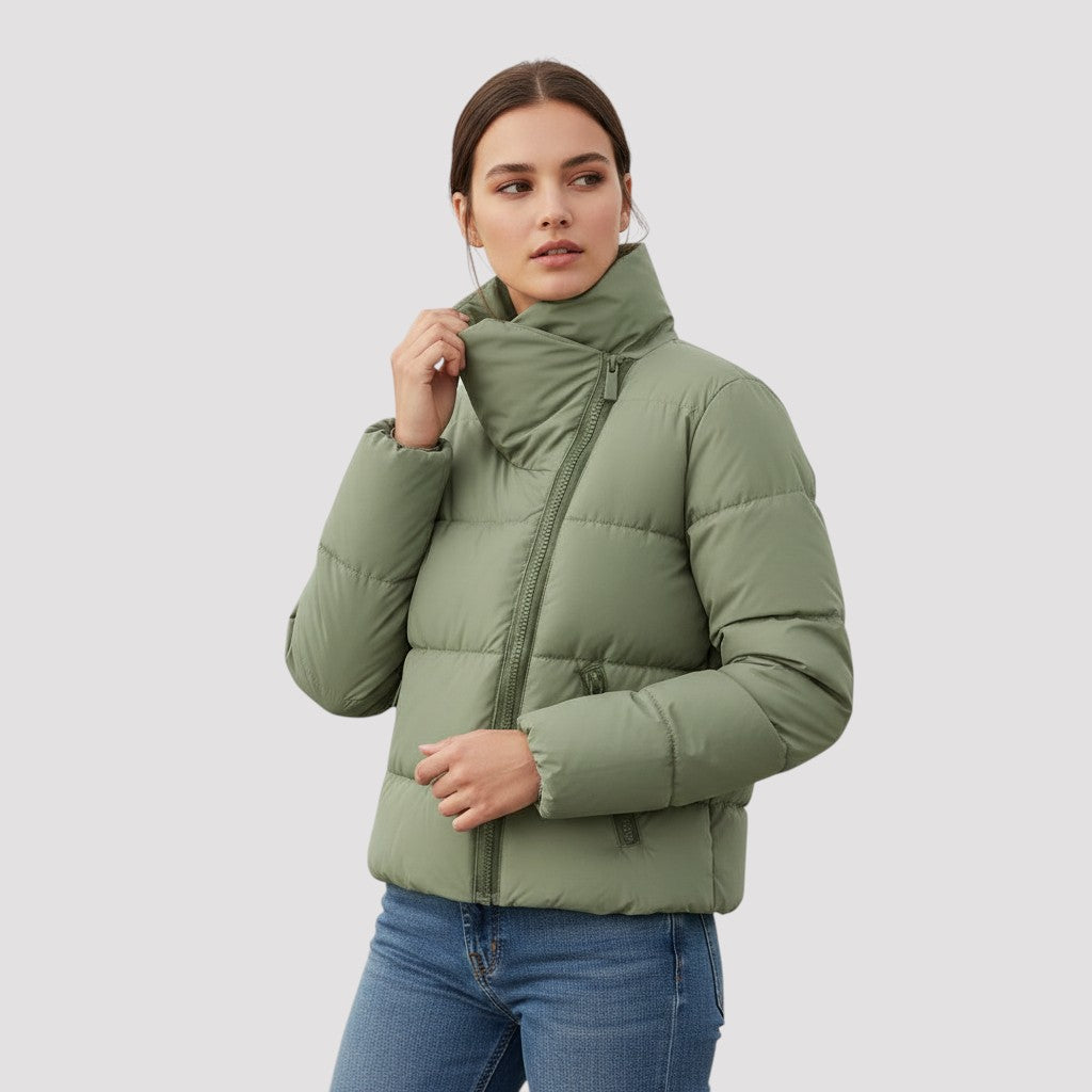 Women’s Windproof Winter Jacket with Stand Collar & Zipper-Vyana Collective