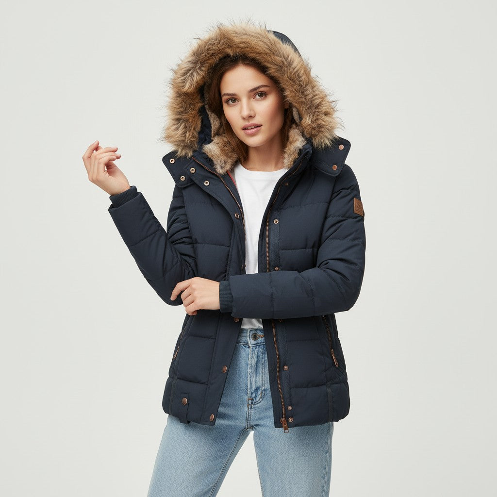Women's Winter Jacket with Collar and Faux Fur Trim-Vyana Collective