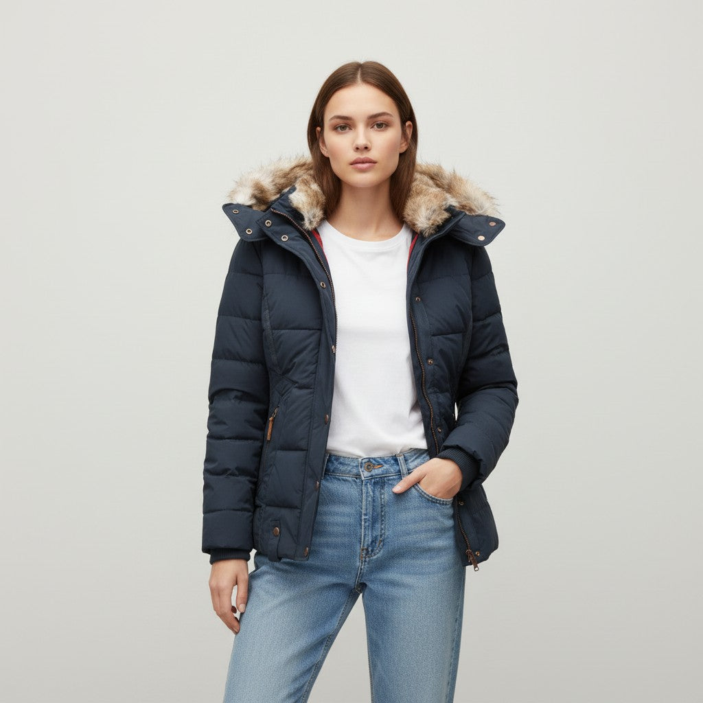 Women's Winter Jacket with Collar and Faux Fur Trim-Vyana Collective