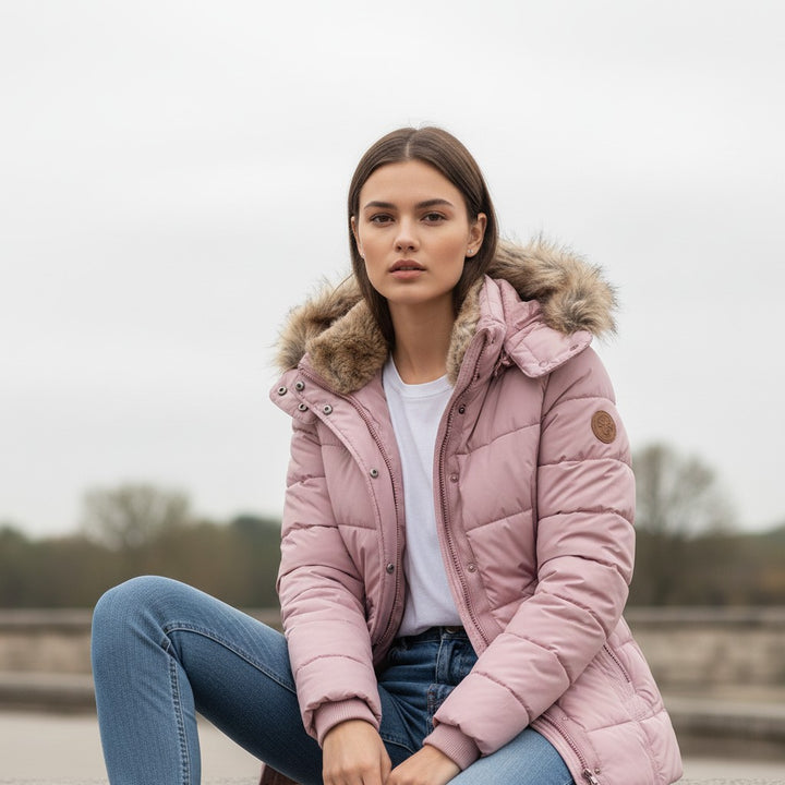 Women's Winter Jacket with Collar and Faux Fur Trim-Vyana Collective
