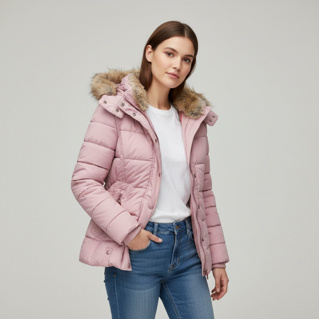Women's Winter Jacket with Collar and Faux Fur Trim-Vyana Collective