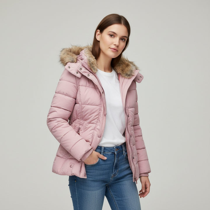 Women's Winter Jacket with Collar and Faux Fur Trim-Vyana Collective