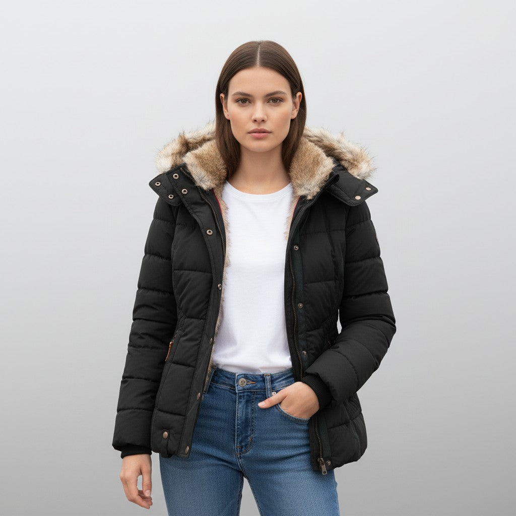 Women's Winter Jacket with Collar and Faux Fur Trim-Vyana Collective