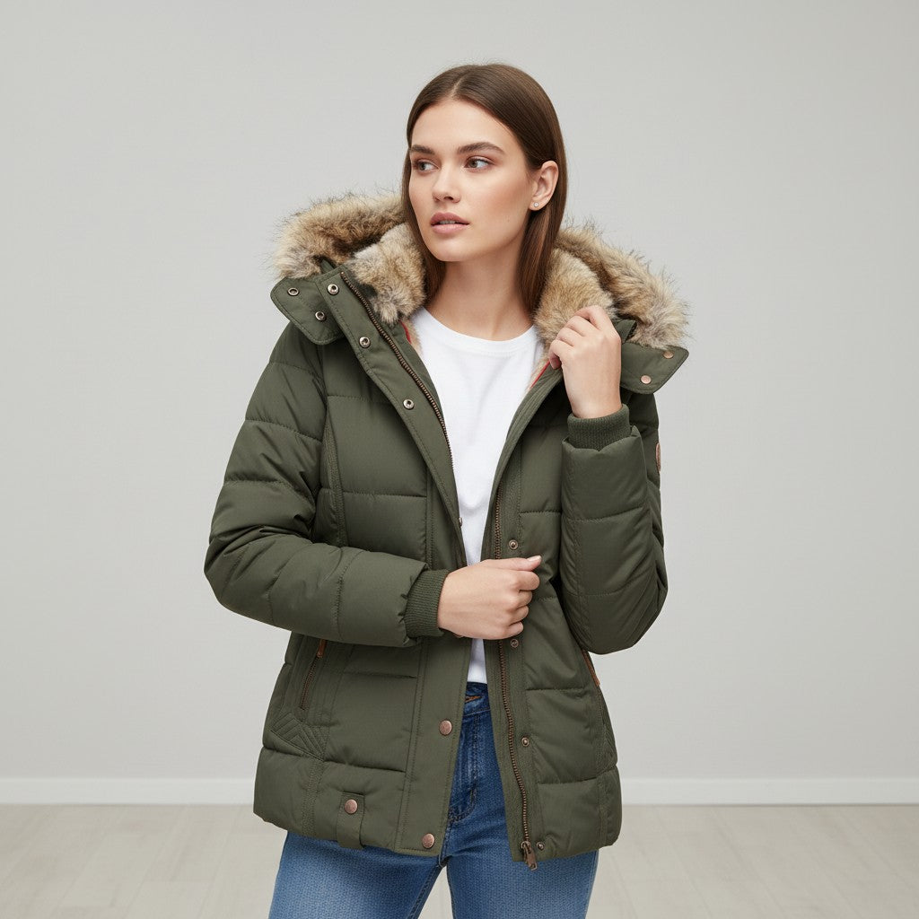 Women's Winter Jacket with Collar and Faux Fur Trim-Vyana Collective