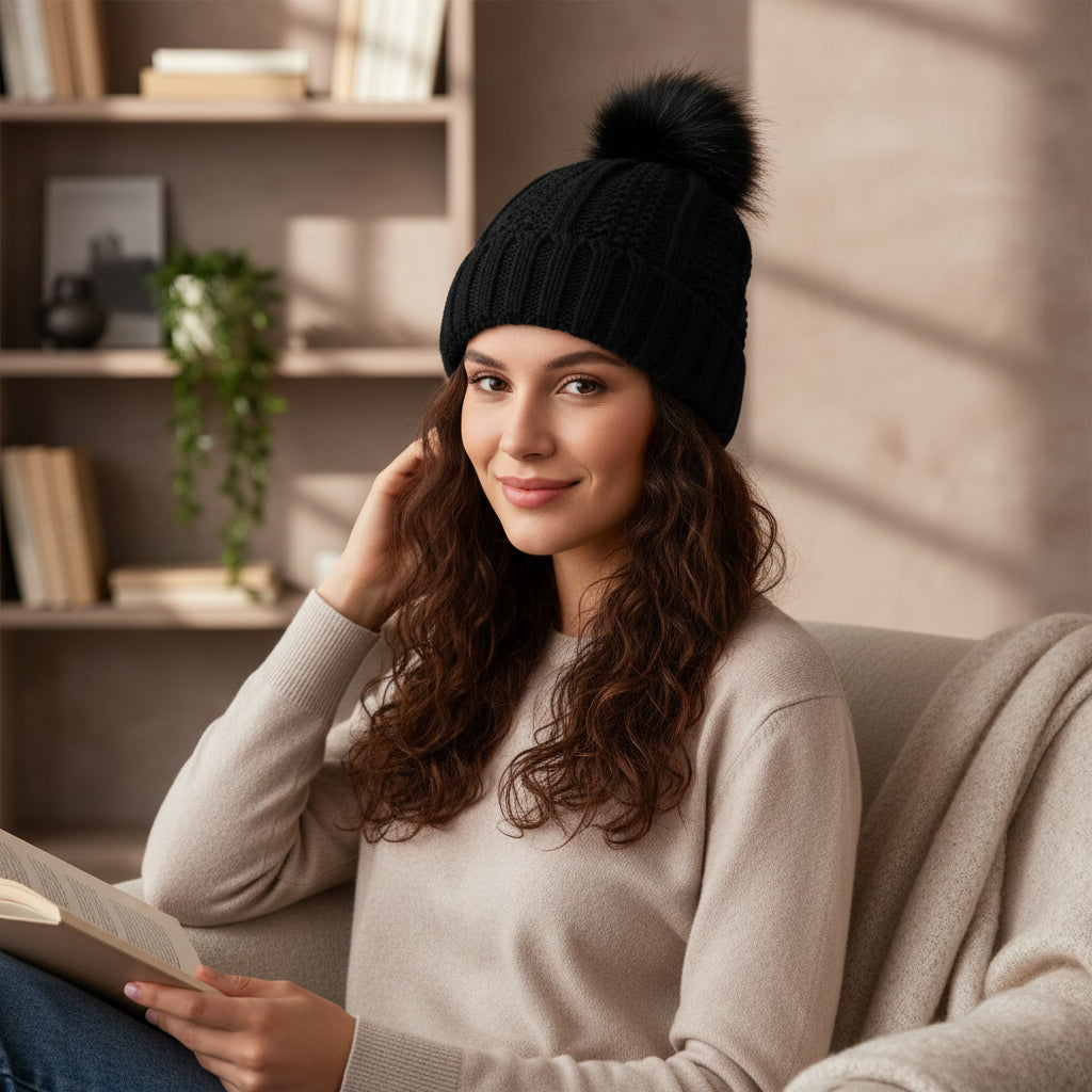Women’s Winter Knitted Beanie with Faux Fur Pom Pom-Vyana Collective