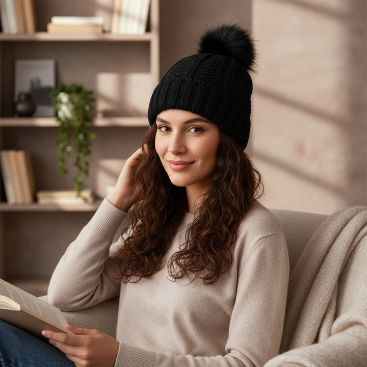 Women’s Winter Knitted Beanie with Faux Fur Pom Pom-Vyana Collective