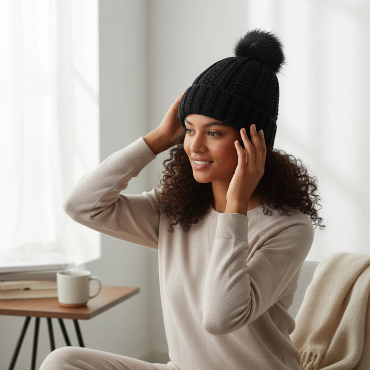 Women’s Winter Knitted Beanie with Faux Fur Pom Pom-Vyana Collective