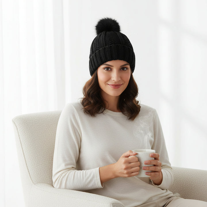 Women’s Winter Knitted Beanie with Faux Fur Pom Pom-Vyana Collective