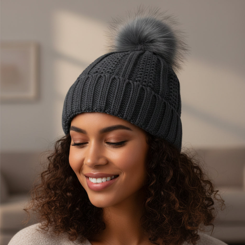 Women’s Winter Knitted Beanie with Faux Fur Pom Pom-Vyana Collective