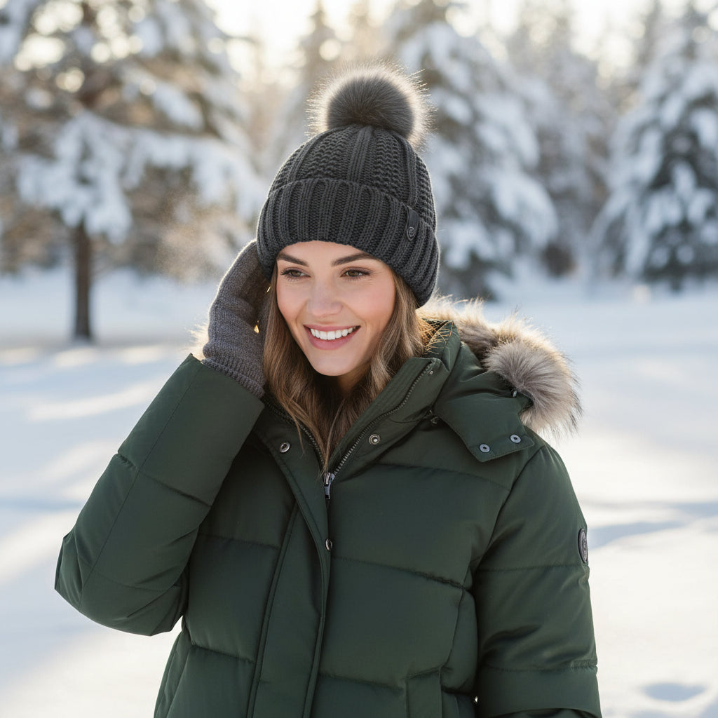 Women’s Winter Knitted Beanie with Faux Fur Pom Pom-Vyana Collective