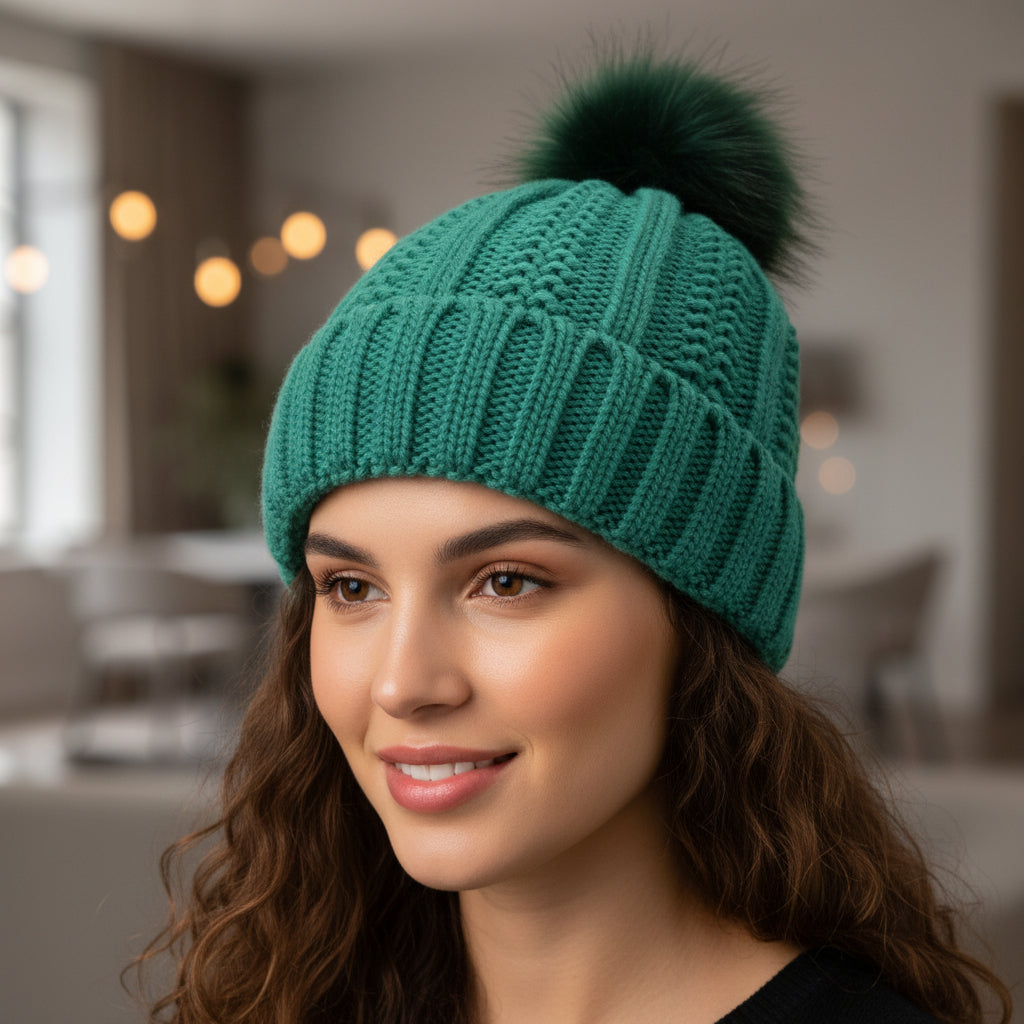 Women’s Winter Knitted Beanie with Faux Fur Pom Pom-Vyana Collective