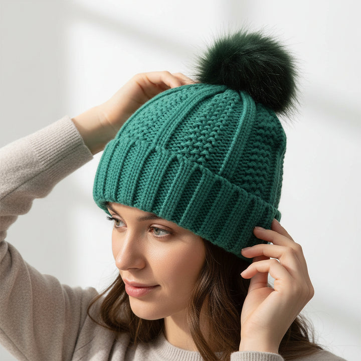 Women’s Winter Knitted Beanie with Faux Fur Pom Pom-Vyana Collective