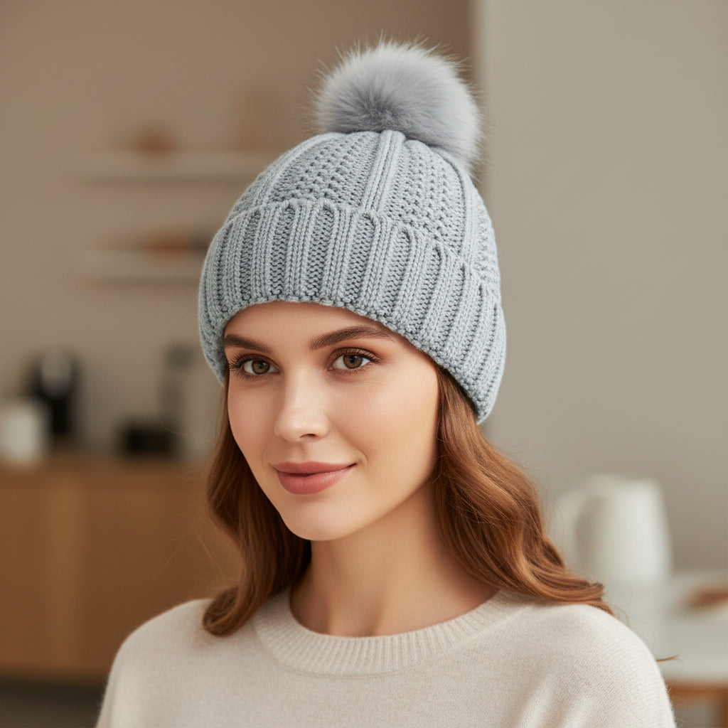 Women’s Winter Knitted Beanie with Faux Fur Pom Pom-Vyana Collective