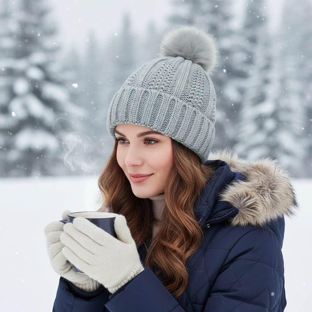 Women’s Winter Knitted Beanie with Faux Fur Pom Pom-Vyana Collective
